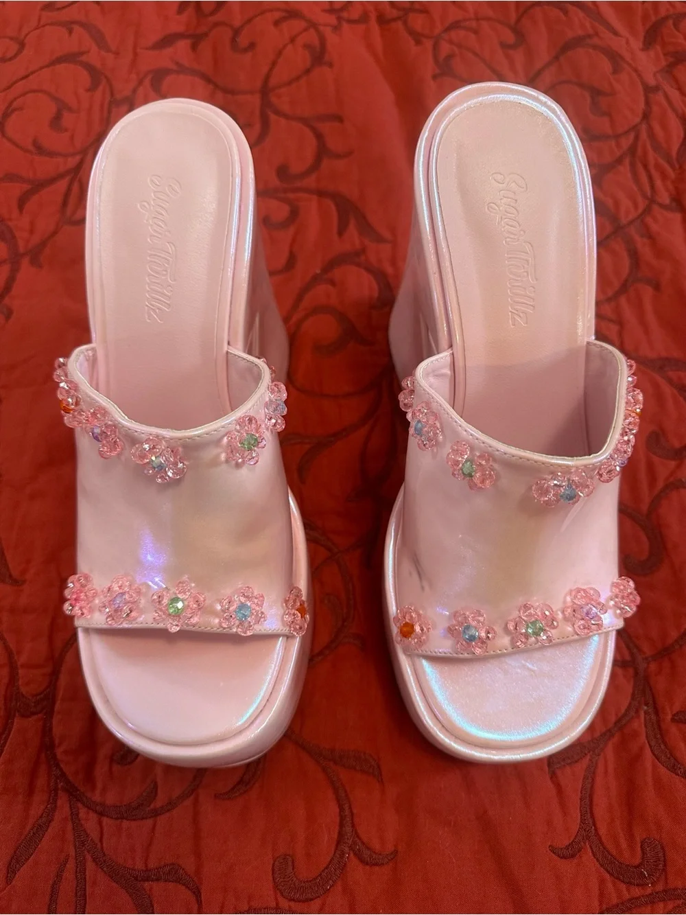 Sugar Thrillz Iridescent Pink Platform Slide Sandals with Floral Gem Details